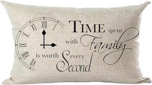 Ramirar Black Word Art Quote Time Spent with Family Every Second is Worth Clock Decorative Lumbar Throw Pillow Cover Case Home Living Room Bed Sof...