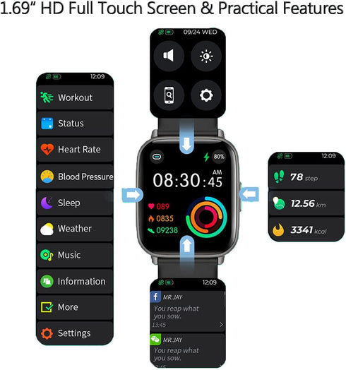 Smart Watch for Men Women Fitness Tracker with Heart Rate Sleep Monitor Step Tracker IP68 Waterproof Pedometer 24 Sport Modes Smartwatch for Andro...