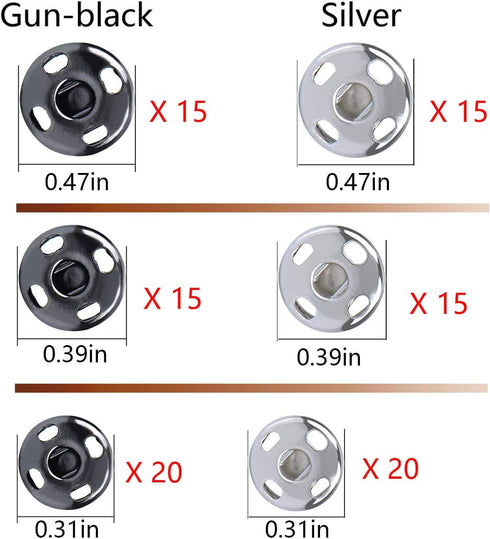 Fuman Forest 100 Sets Sew-on Snap Buttons Metal Snaps Fasteners Press Studs Buttons for Sewing, 8.5 mm,10 mm & 12mm,Black & Silver, (Fuman-034)...