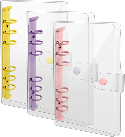 3 Pack A6 Soft PVC 6-Ring Binder Cover Clear Budget Binder Clear A6 6-Hole Planner Binder Cover Yellow Purple Pink Round Ring Binder Cover for Ref...