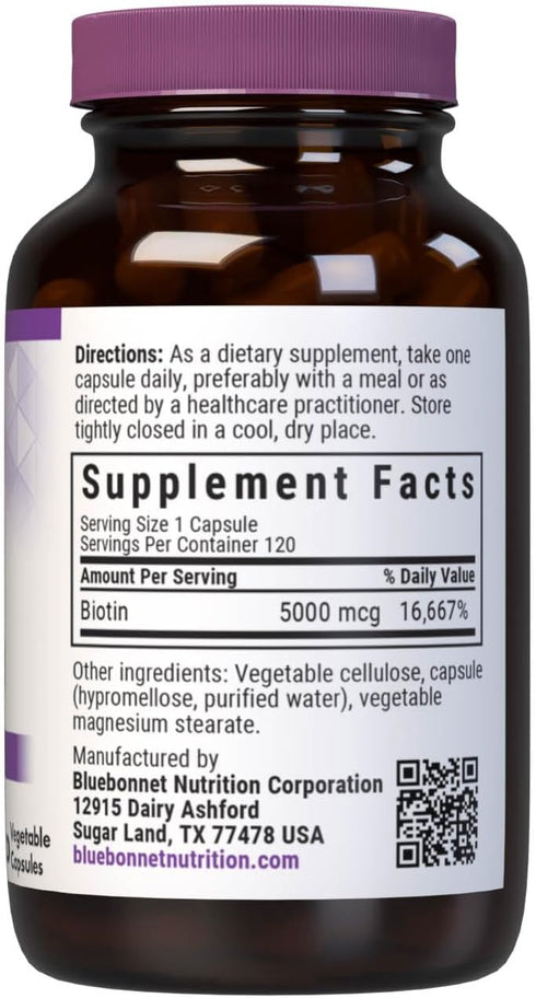 Bluebonnet Nutrition Biotin 5000 mcg, Hair & Nail Support*, Non-GMO, Vegan, Kosher Certified, Gluten-Free, Soy-Free, Dairy-Free, 120 Vegetable Cap...