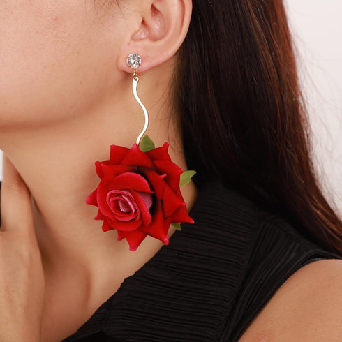 Denifery Boho Red Rose Earrings Rose Flower Dangle Drop Stud Earrings with Sparkly Crystal for Women Statement Jewelry Gifts...