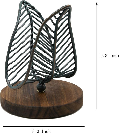 OwlGift Freestanding Modern Napkin Holder w/Golden Turquoise Wrought Iron Leaf & Brown Wooden Base Design, Tabletop Tissue Dispenser, Napkin Stora...