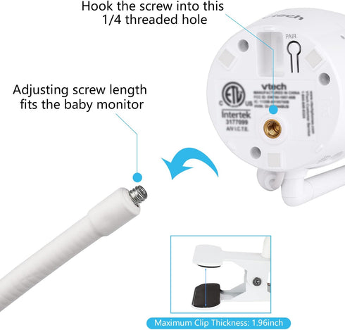 Flexible Clip Mount for Vtech VM901 and VM919HD, Gooseneck Baby Monitor Holder for Crib Without Tools or Wall Damage - White...