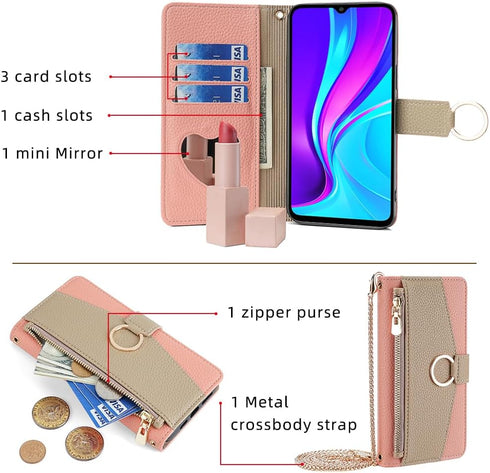 Asuwish Phone Case for Xiaomi Redmi 10A/9C Wallet Cover with Tempered Glass Screen Protector and Mirror PU Leather Flip Cover Ring Card Holder Cro...