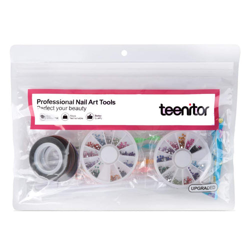 Teenitor Nail Art Brushes,3D Nail Art Paiting Polish Design Kit with 15 Nail Gel Brushes, Nail Dotting Pen 5pcs, 12 Colors Nail Rinestones 10 Adhe...