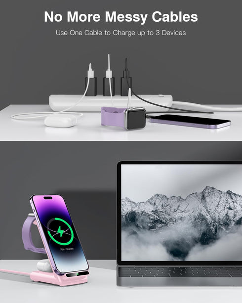 Wireless Charging Station,3 in 1 Wireless Charging Stand Made for Apple Watch Ultra 9 8 7 6 SE 5 4 3,Fast Wireless Charger Made for iPhone 15/Plus...