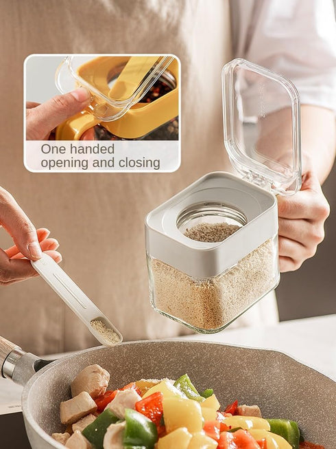 Condiment Jar Spice Container, Sugar and salt container set?Glass Seasoning Box with Spoon Dustproof Lid and Handle,for Kitchen, Counter,Food Stor...