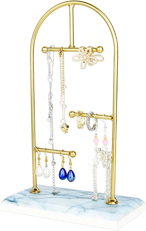 3 Tier Jewelry Rack Display Tower,Desktop Jewelry Display Stand,Jewelry Organizer for Necklaces, Earrings, Bracelets, Rings Holder?Gold Frame Whit...