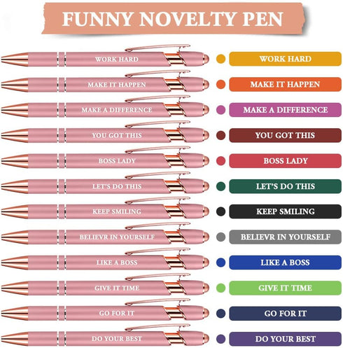 AUAUY 12 PCS Snarky Office Pens, Ballpoint Pens Set with 12 Replacement Refills, 2 in 1 Stylus Pen Stylish Pen, Office Metal Inspirational Pen, Fu...