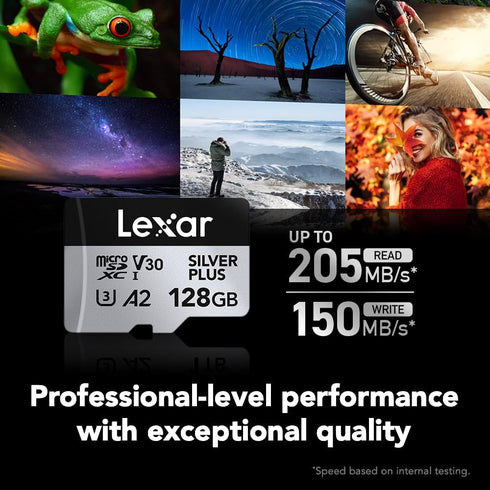 Lexar 128GB Professional Silver Plus microSDXC Memory Card w/SD Adapter, UHS-I, C10, U3, V30, Full-HD & 4K Video, Up to 205/150 MB/s Read/Write, f...