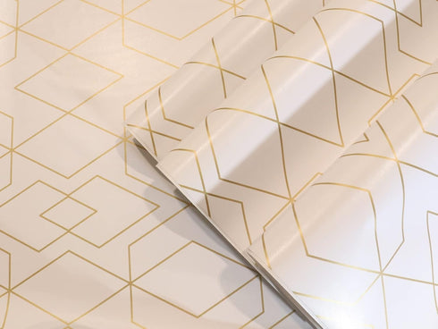 D7027-3 Peel & Stick Wallpaper Hexagon Rhombus Gold/White Removable Self Adhesive Wallpaper Textured 17.7in x 118in Vinyl Film Roll for Wall Decor...