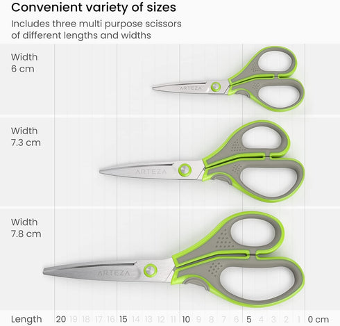 ARTEZA Household Scissors, 5, 7 and 8.25 Inches, Set of 3, All-Purpose Craft Scissors with 3D Blades of Stainless Steel...