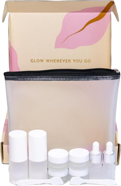 Travel Skincare Containers Set - TSA Approved Toiletry Bag & Travel Size Toiletries Bottles - Airless Pump Travel Bottles, Dropper Bottles & Trave...