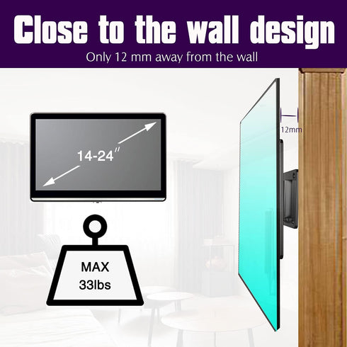 Monitor Wall Mount for Most 14-24 Inch Wall Mount Bracket Fit Camper Boat Trailer 13 15 17 19 21" Screens Ultra Slim Small Monitor Mount VESA Up t...