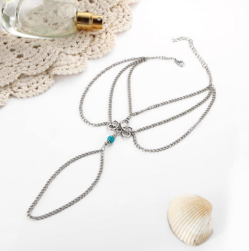 2 Pcs Bohemian Layered Anklet with Toe Ring Silver Turquoise Barefoot Sandals Summer Beach Wedding Foot Accessories Boho Toe Link Ankle Bracelet f...