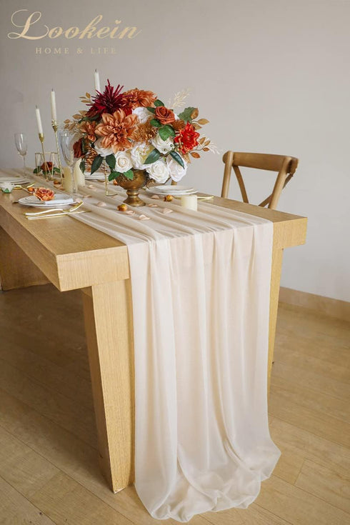 Lookein 10 Feet Champagne Chiffon Table Runner Sheer Wedding Table Cloth 29x120 Inches Rustic Wedding Decorations French Chiffon Table Runner...