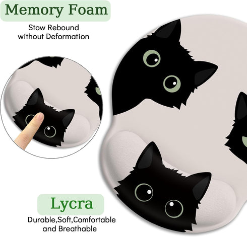 Cat Mouse Pad, Funny Ergonomic Mousepad with Wrist Rest, Gaming Mouse Pad Wrist Support with Non-Slip Pain Relief PU Base, Black Cat Mouse Pads fo...