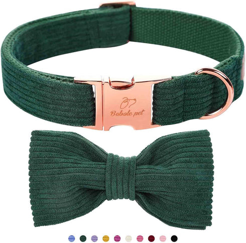 Green Dog Collars for Small Dog,Cute Corduroy Dog Collar with Bow Tie Safety Metal Buckle Adjustable Puppy Collars for Small Medium Large Boy&Girl...