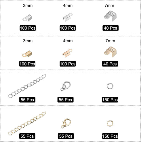 uxcell Jewelry Findings Kit, 3/4/7mm Fold Over Cord Ends with Lobster Claw Clasps, Jump Rings, Extension Chains for DIY Craft Making, Golden Silve...