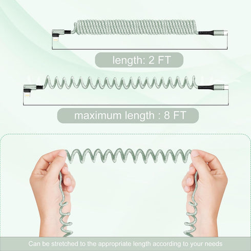Coil Lightning to USB-C Cable 8ft to 2ft 90 Degree Right Angle Ultra-Strong Mfi Certified Fast Charging Cord Sage......