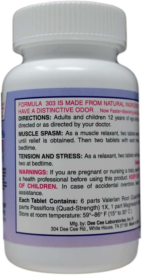 Dee CEE Labs Formula 303 Maximum Strength Tablets, 45 Tablets; All-Natural containing Magnesium for Sore Muscles, Passion Flower, and Valerian Roo...