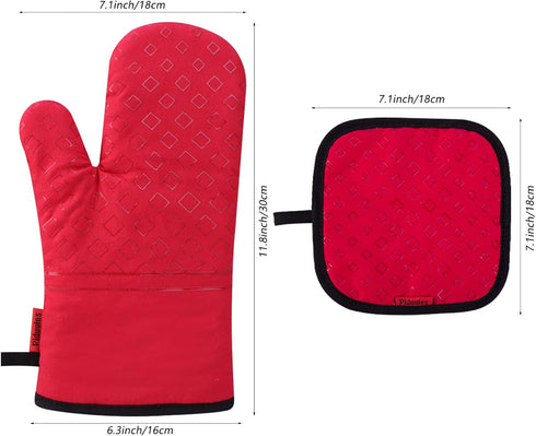Set of 4 Oven Mitts and Pot Holders, 482 F Heat Resistant Hot Plate Moving Non-Slip Gloves for BBQ, Grill, Baking, Cooking, Oven, Microwave (Red)...