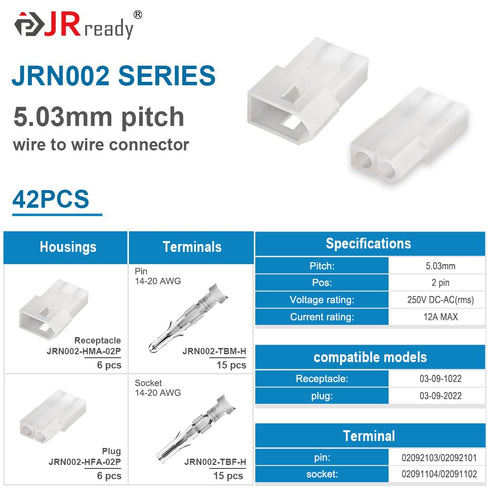 JRready ST6415 Standard.093" Pin and Socket Power Connectors 2 Circuits (6 Matched Sets), 14-20 AWG, Compatible with Molex Standard.093" 2 Pin Mal...