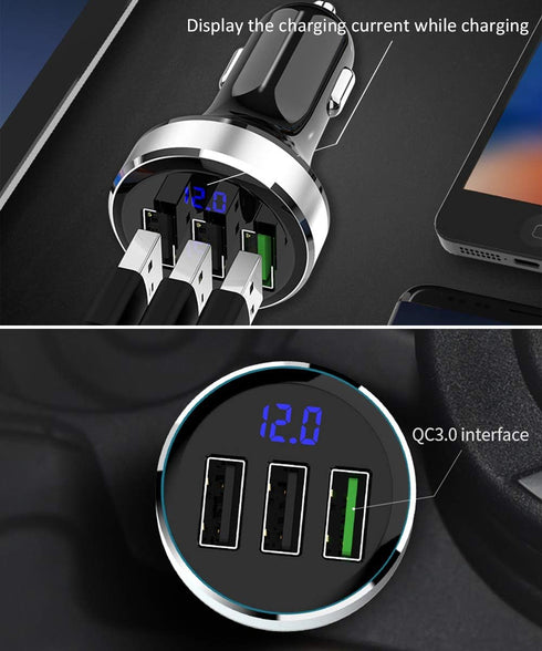 LIHAN 3 USB Car Charger,12V/24V Voltage Meter, QC3.0 Output 4.8A, Cigarette Lighter Plug Adapter Compatible with iPhone,iPad, Samsung, USB Chargin...