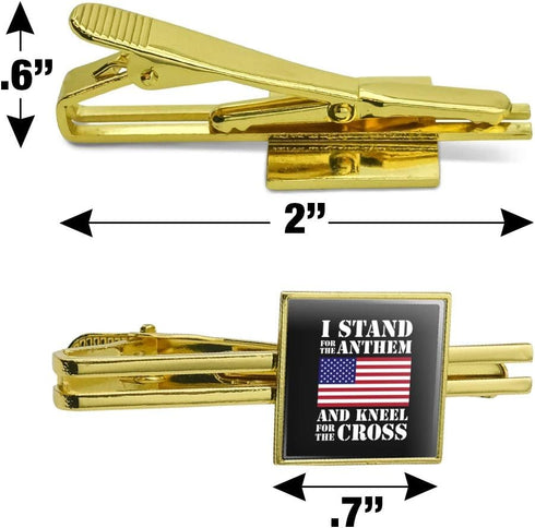 I Stand For The Flag Kneel Cross USA American Flag Patriotic Square Tie Bar Clip Clasp Tack- Silver or Gold...