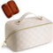 Large Capacity Travel Cosmetic Bag Plaid Checkered Makeup Bag Portable Leather Waterproof Skincare Bag with Handle and Divider for Women...