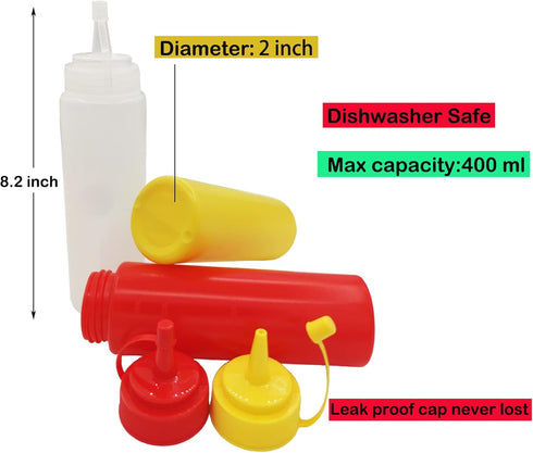 CONDRA FIELD Condiment Sauces Squeeze Bottles - (3Pcs-13.5oz),with Leak-Proof Cap and Scale Line.Plastic Squeeze Squirt Bottles for Ketchup,Mustar...