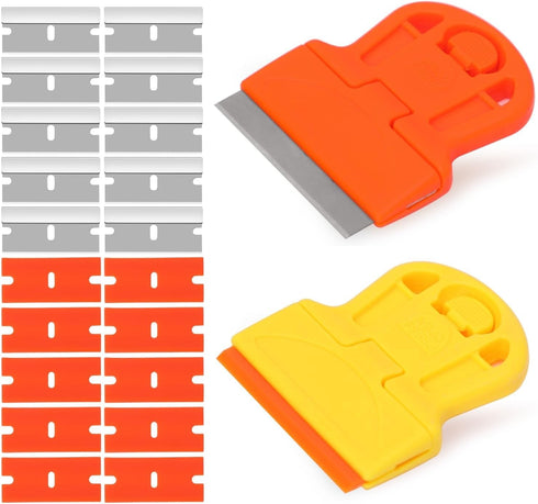 2 Pack Razor Blade Scraper Plastic Razor Blade Scraper Scraper Tool with Extra 10 Plastic Razor Blades and 10 Metal Blades for Adhesive Remover Re...