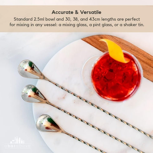 A Bar Above Bar Spoon Set, of 3, 12”, 15”, and 17”, Stainless Steel Cocktail Stirrer Bar Set, for Mixing Glass or Shaker, Spiral Handle Drink Stir...
