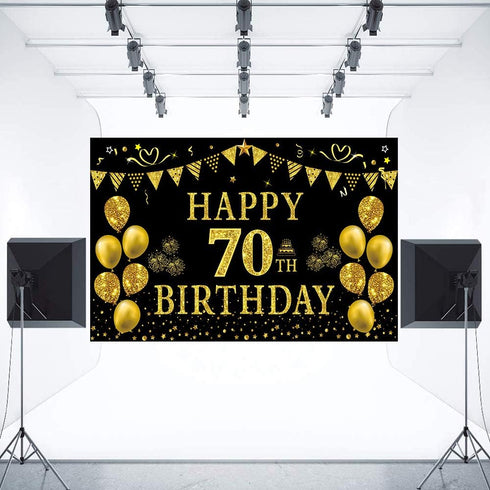 Trgowaul 70th Birthday Backdrop Gold and Black 5.9 X 3.6 Fts Happy Birthday Party Decorations Banner for Women Men Photography Supplies Background...