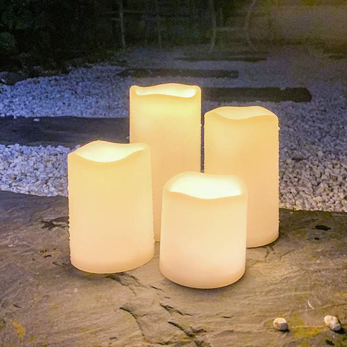 DRomance Flameless Flickering Candles with Remote Timer, Battery Operated Outdoor Waterproof White Plastic LED Pillar Candles Set of 4(3 x 3,4,5,6...