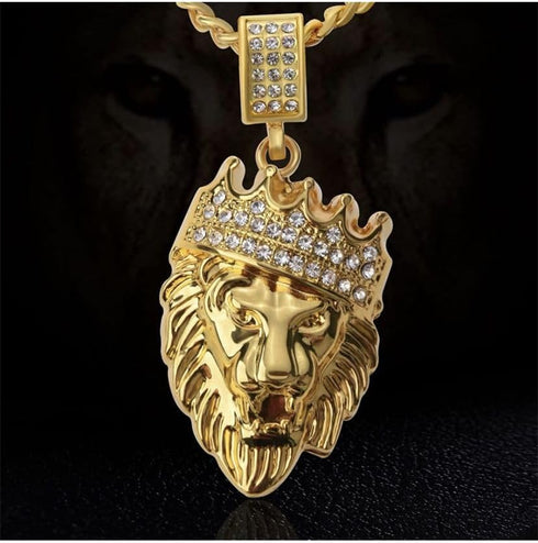 Hip Hop Jewelry Gold Crown Lion Head Pendant Iced Out Clear Rhinestones – Diamonds Prong Set - Curb Cuban Chain Stainless Steel Necklace (styleA)...