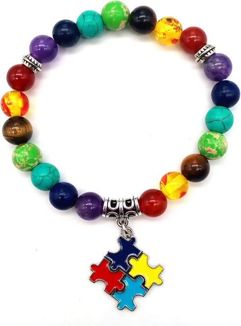 Autism Awareness 7 Chakra Gemstone Natural Stone Beaded Bracelet Love Heart Cross Ribbon Round Puzzle Elastic Cord Autistic Bracelet for Women Men...