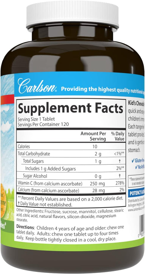 Carlson - Kid's Chewable Vitamin C, 250 mg, 1 g of Sugars, Immune Support & Optimal Wellness, Antioxidant, Tangerine, 120 Vegetarian Tablets...