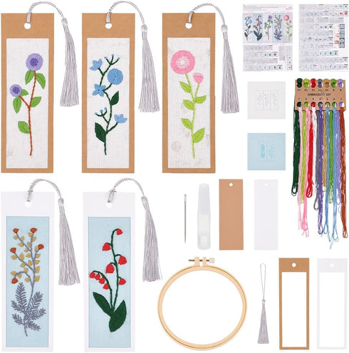 INFUNLY 5 Set Embroidery Bookmark Set Plant Book Marker Cross Stitch Kits DIY Hand Embroidery Bookmark Counted Cross Stitch Kit for Reading Teache...