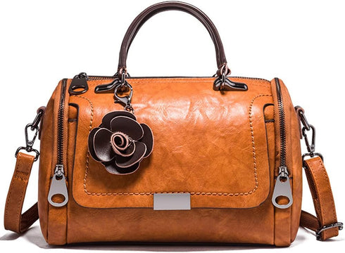Women Satchel Bags Faux Leather Top Handle Handbags Boston Crossbody Bags Flower Pendant Zipper Purse Shoulder Bag...