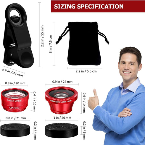 3 in 1 Phone Camera Lens Kit Camera Lens with Clip Fisheye Lens Wide Angle Lens and Macro Lens for Smartphones iPhone, Andorid (Red)...