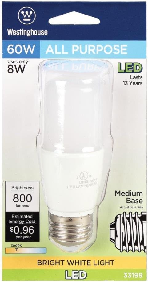 Westinghouse 3319920 60-Watt Equivalent T7 Bright White LED Light Bulb with Medium Base, Frost, 4 Count (Pack of 1)...