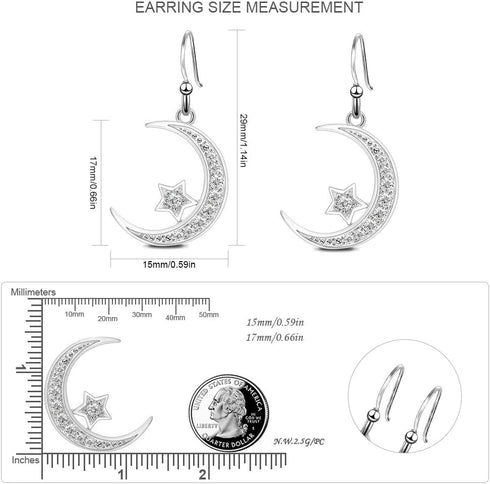 Sterling Silver Round Cubic Zirconia Crescent Moon & Star Dangle Earrings Star Jewelry for Women Mom...