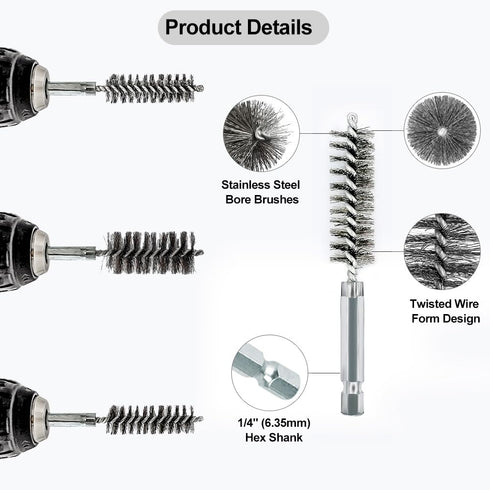 ASNOMY 5Pcs 5/8" Stainless Steel Bore Brush,Stainless Steel Bristles Wire Brush Bore Cleaning Brush Set for Power Drill Cleaning, Abrasive Wire Br...