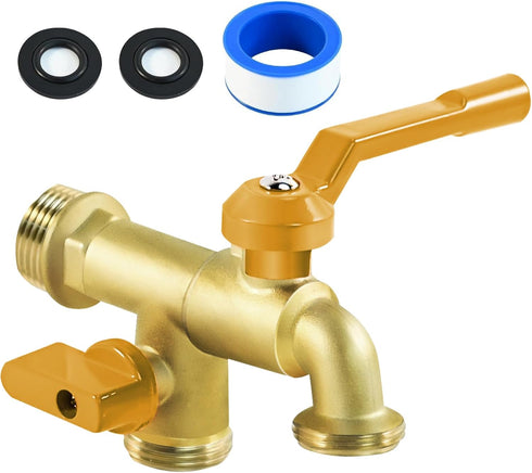 Outdoor Double Taps Water Faucet, Garden Hose Splitter 2 Way, 3/4 inch Wall Mounted Brass Water Tap, Frost-Proof Outside Spigot Replacement with 2...