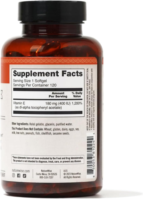 NatureWise Vitamin E 400 IU Softgels (180mg DL-Alpha) - Dairy Free, Gluten Free and Soy Free Antioxidant-Rich Dietary Supplement for Skin, Heart, ...