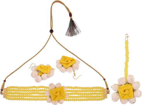 Efulgenz Handmade Floral Beaded Yellow Faux Pearl Flower Jewelry Set Choker Neckalce with Maang Tikka Earrings Indian Jewelry for Women for Haldi ...