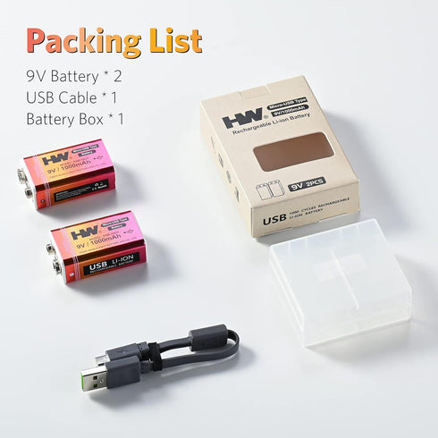 HW 9V Li-ion Rechargeable Battery, 9 Volt/1000mAh(9000mWh) Long Lasting Rechargeable Batteries with Micro-USB, 1000 Cycles Charge, 1.5 Hrs Fast Ch...