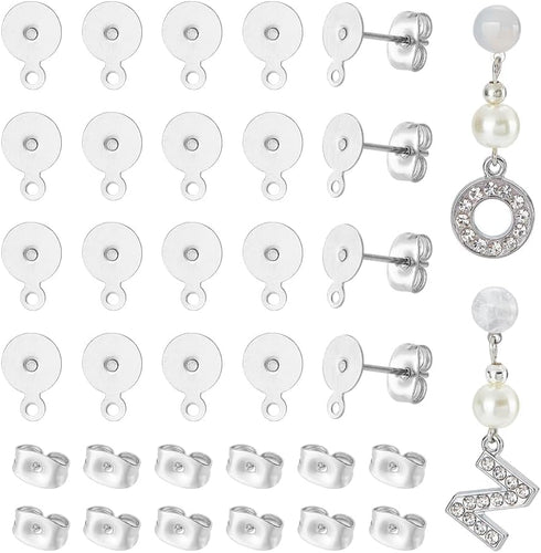 UNICRAFTALE 100pcs Flat Round Earring Post Kit 304 Stainless Steel Flat Round Post Ear Stud Findings with Loop and Ear Nuts for DIY Earring Making...